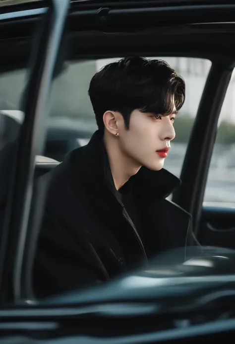 arafed man in a car with a black jacket and a cell phone, male ulzzang, jinyoung shin, jinyoung shin aesthetic, 1 7 - year - old boy thin face, kim doyoung, wearing all black mempo mask, ulzzang, jungkook, boy has short black hair, cai xukun, kanliu666