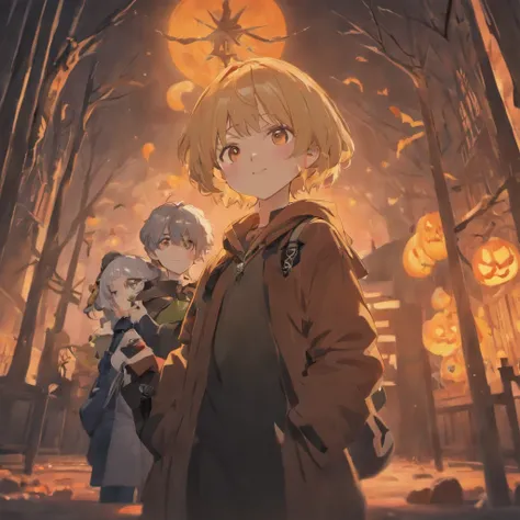 Halloween、Pumpkin background,duo、Handsome gray-haired man、Woman with black hair、coat,Cross your shoulders、Have a game controller、A smile、parka、video game、