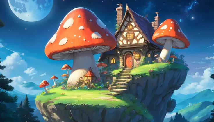 Fantasy elf world,The moon hangs high in the night,The Galaxy hangs high,Meteors flew by,A cute elfs mushroom house，highly  detailed，Uptrend，vivd colour