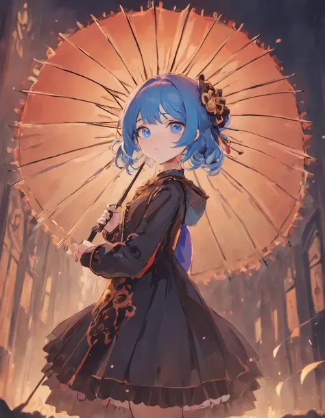 whaite hair，Blue eyes，Petite girl，goth clothes，Holding a parasol，Victorian，No light in the eyes，