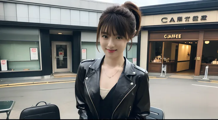 (Black leather gloves in both hands) Black leather riders jacket suit, young Japanese girl, sitting on a chair, black hair ponytail up to the waist, earrings, necklace, midday, camera perspective, front, 8K, smile facing here, black leather long boots, out...