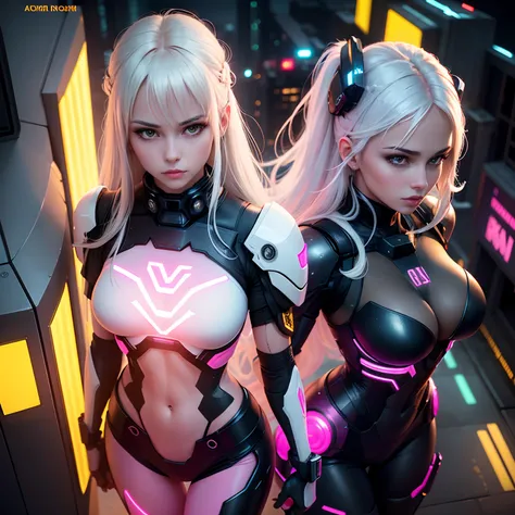 Pretty, Woman, Sexy face, Yellow eyes, White hair, Slim body, Sexy Pose, Pink tights, mechs, Neon sign, Led Night City, Seen from above, High quality, Realistic, Beautiful light, full detail, Black background