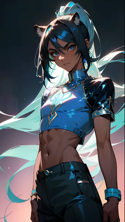 (masterpiece, best quality )detailed, 1Character ,  pastel washed out colors , cell shade , soft, muted shades ,gentle colors , blue archive art style,

He wears a fitted, sequined, and short-sleeved shirt in a vibrant shade of holographic blue, The shirt ...