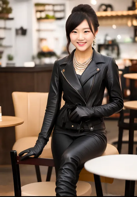 (Black leather gloves in both hands) Black leather riders jacket suit, young Japanese girl, sitting on a chair, black hair ponytail up to the waist, earrings, necklace, midday, camera perspective, front, 8K, smile facing here, black leather long boots, out...