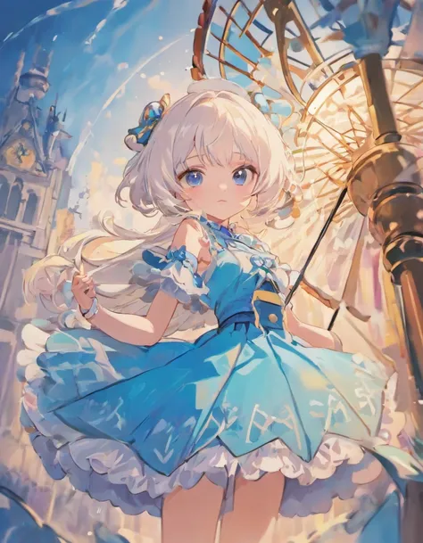 white color hair，blue color eyes，Lolita style clothes，Take a parasol，Empty eyes, petite body，long whitr hair