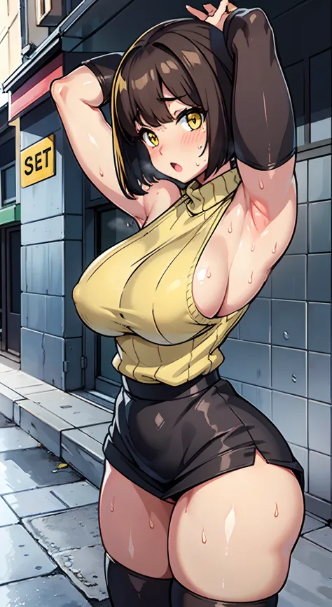 (Perfect body),Best Quality,(8K Portrait),(Official art)、(NSFW)、(((muscular)))、embarrassed from、1girl in,(:o)、(((thick thighs)))、(((blush))),(Sweat),((((large udder))))、(big butts)、(Dark hair),((bob cuts)),Short hair, (Yellow eyes),(((Sleeveless sweater)))...