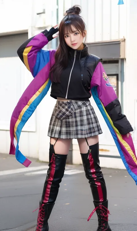 infp young woman、Good Style、Colorful hair、colorful fashion、Idol face、large full breasts、jaket、a miniskirt、Colorful tights、long boots