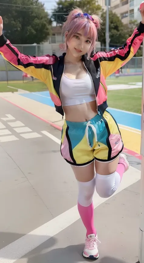 Athlete Idol、Good Style、Colorful hair、Colorful shorts、、Idol face、very large breast、、Colored tights、Track jacket、pinkhair