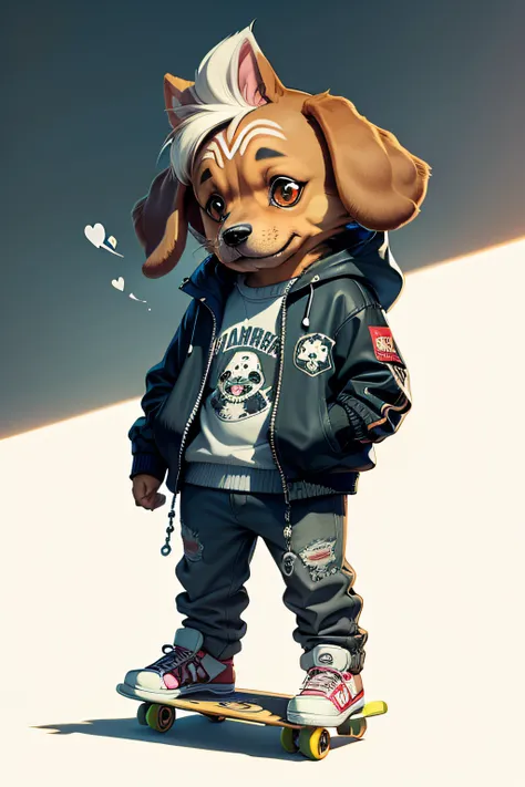 Cartoon dog breed dachshund with jacket and skateboard