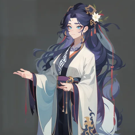 full body portrait of 1 girl, hanfu, xianxia, standing on your feet, (((独奏))), clear facial features, simple line design, ((soli...