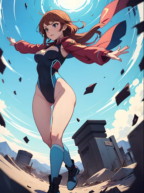 anime girl in a blue leotard spinning like a cyclone, superhero, bare legs, boots, female anime hero, spinning while standing, raised arms, Rapid Gyration