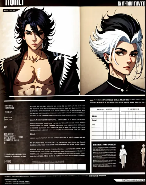 Idol boy with black and white hair, alternative wear character reference sheet