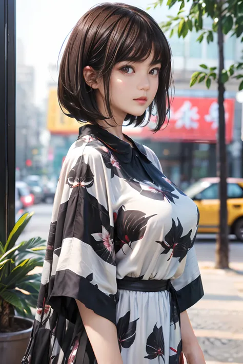 61
(a 20 yo woman,is standing), (A hyper-realistic), (Masterpiece), ((A dark-haired、short-hair:1.3)), (Silky hair), (breast), (Gentle expression), (Clothing printed with wild animal characters)