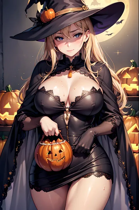 (High quality,High resolution,Fine details,Realistic),(Halloween),solo,Adult Woman,sparkling eyes,blush,Large breasts,Pear shape,Sweat,Oily skin,(Witch Costumes),Frontal