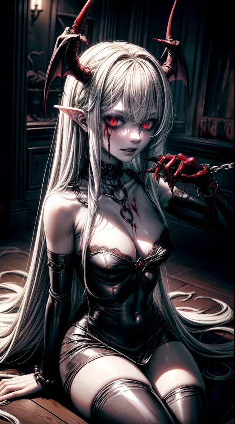 masterpiece, best quality, high quality, ultra detailed, demon girl, The supplicant had a female body, long hair and bluish white skin, Their eyes, noses, and mouths were all stitched with thread, and his hands were also sewn together as if they were beggi...