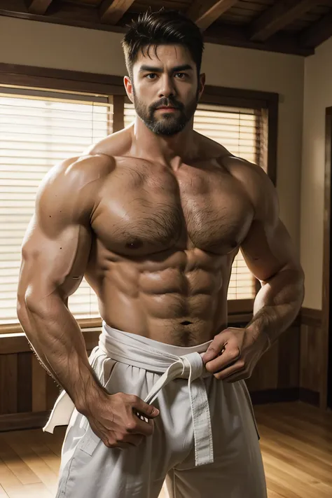 Rugged, standing, looking at viewer, mature male with a powerful, muscular build, sporting a grizzled salt-and-pepper beard and tousled hair. He wears a well-worn martial arts gi, partially revealing his impressive chest and arms. His focused expression ra...