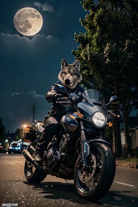 create an animated image of a wolf in a police outfit on top of a motorcycle, behind him a full moon and some trees