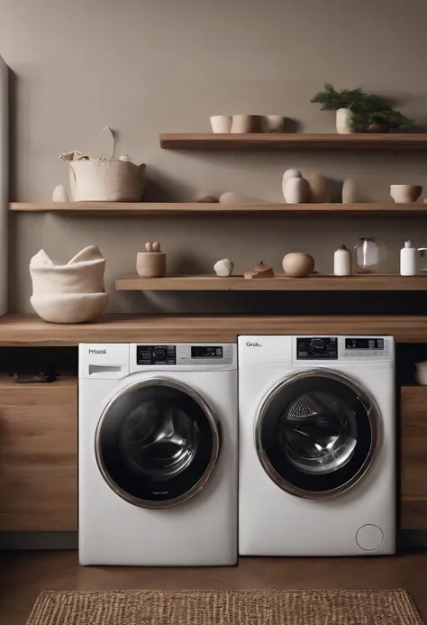 a white washer and dryer is on a wooden countertop with a small toy ball,in the style of colab,hallyu,rollei prego 90,captivating realism,intel core,dark beige and silver,bold colors,strong lines