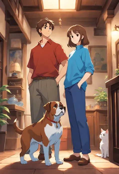 brown haired couple, brown eyed couple, man taller than woman, matching clothes, blue clothes, pet with them, dog, boxer, brown and white dog, cat with them, black and white cat