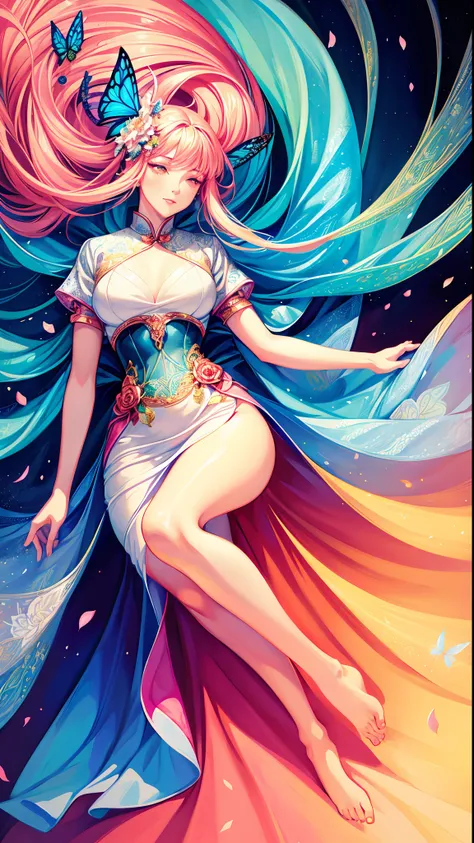 portrait of a pretty woman,
art deco, 
colorful hair,
white qipao
fog
sleeping
glow
digital painting
acrylic fantasy
detailed face
filigree
long hair
you can see the knee
detailed face
bright makeup
thin waist
medium chest
space
flower petals
bare feet
fai...