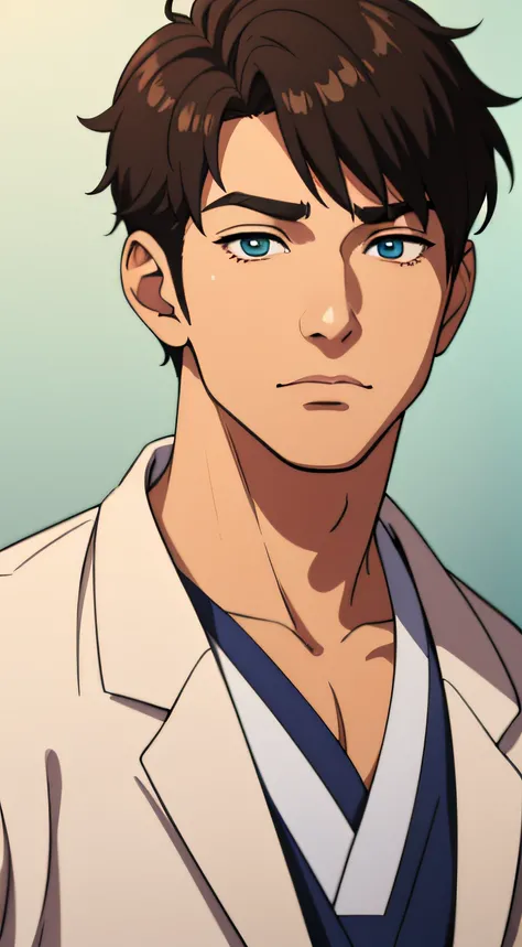 1 male doctor, anime, 27 years old, facing front, with super short hairstyle, wearing white doctor gown, standing at hospital as if he is being interviewed, perfect eyes, realistic eyes, very handsome face, face with golden ratio, standing, in hospital, hi...