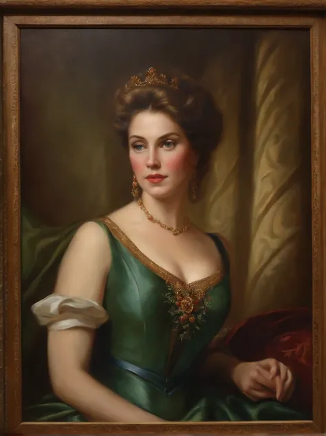 Oil painting of a princess, mature, wide cleavage, sexy, elegant, charming face, England era, medieval, royalty, aristocrat