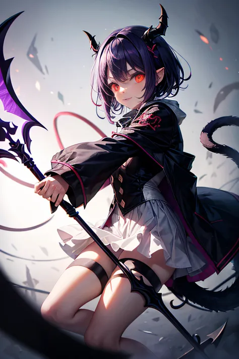 Illustration of a cute cat-shaped devil, red glowing eyes, a pointed tail, a trident, black and purple, light and shadow, creepy aura:1.5, (Masterpiece), (Best Quality), (Ultra high Detailes)