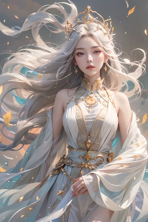 (masterpiece, top quality: 1.2), official art, goddess of the wind, long flowing hair in the breeze, levitating with graceful po...