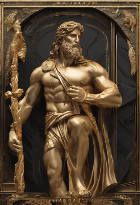 Stock stoic Grigkey，This is the historical position of Greece，Gold texture，Muscular 8K movie profile with Hercules style and dark background