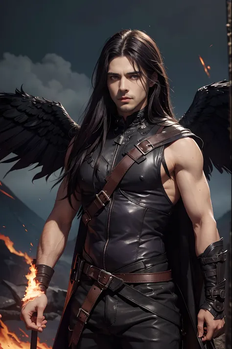 An athletic man with long dark hair, dark purple eyes, calm stare to the viewer, dressed with leather rags, big dark feathered wings on his back, surrounded by whips of fire, lava, volcanic hell as background. Gloomy atmosphere, highly detailed.