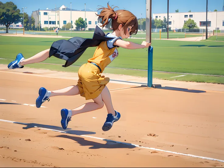 In physical education class，Long jump kids，