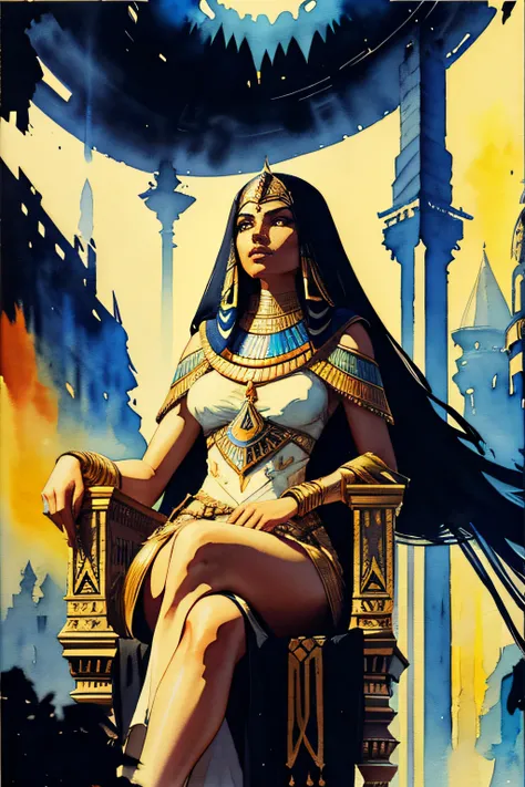 1 egyptian woman, (seductive), very long hair, , dark skin, closed mouth, looking at viewer, egyptian clothes, sitting on the throne , from below, crossed legs, gem,
fantasy, high contrast, ink strokes, explosions, over exposure,
impression , abstract, ((w...