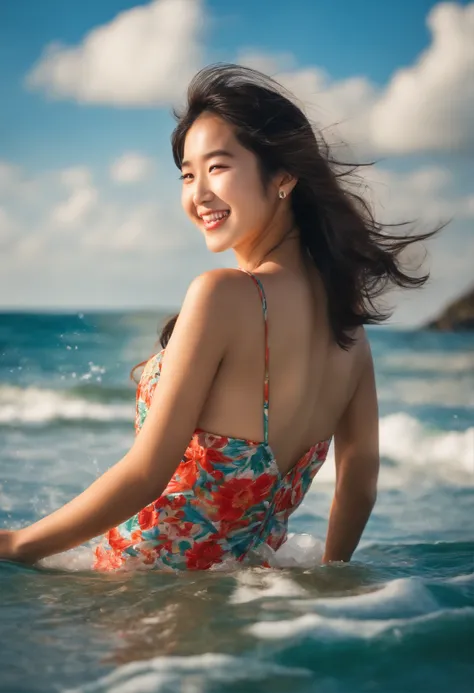 photo of the cheerful Japanese girl, similar to the one in the second image, frolicking in the waves wearing a swimsuit, with a scenic beach landscape surrounding her.