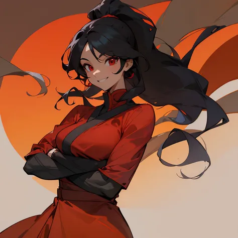 1female , black hair , red eyes , long wavy hair in a low ponytail  , light tanned skin , red dress  , forest background  , smiling expression , ninja clothing , muscular build , adult female