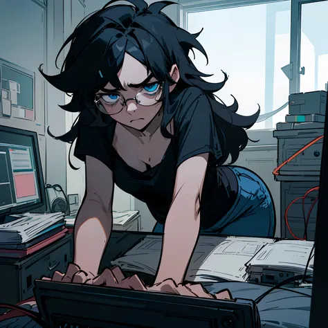 volumetric lighting, ambient lighting, highres, masterpiece, 8k, (dark blue eyes), tired, melancholy, depressed, detailed black hair, (messy hair), long hair, disheveled, unwashed, thick eyebrows, black camisole, (wearing glasses), messy bedroom, laptop co...