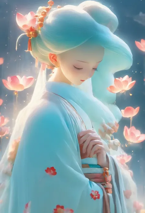 girl，Super cute looks，Costume pan hair，Simple lotus hairpin，had his hands folded，Close your eyes and ponder，The appearance of a prayerful prayer，Wearing light cyan Hanfu，solid color backdrop，Light cyan and white match，32K uhd，Faraway view，in a panoramic vi...