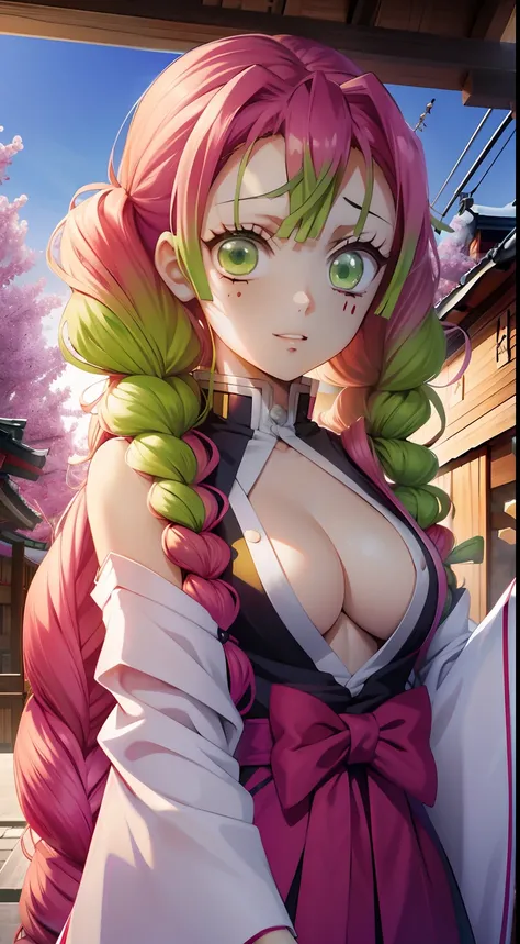 Sexy, Erotica, Hot springs, a 1girl, beautiful big breasts, rose hair, Bright green color at the ends of the hair, MitsuriKanroji,stands in full growth, (Body Full 1:1), Dazzling, smil, pectorals, Demon Slayer, Demon Slayer Art Style, demon slayer rui fana...