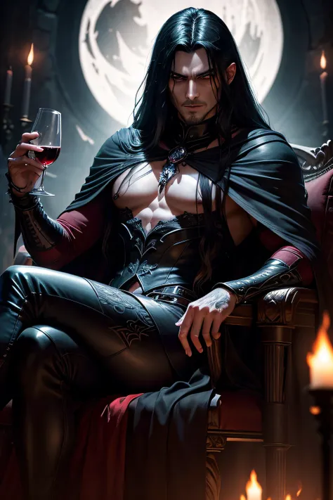 a dark muscular male evil lord, long flowing black hair, black and red cloak sitting on his thorne in his castle drinking a glass of red wine, piercing red eyes, menacing expression, powerful aura, standing in a dimly lit chamber,, casting eerie shadows, ,...