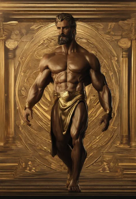 Stock stoic man，This is the historical position of Greece，Muscular 8K movie profile with Hercules style and dark background，Gold texture，Twinkle with gold，Movie light source