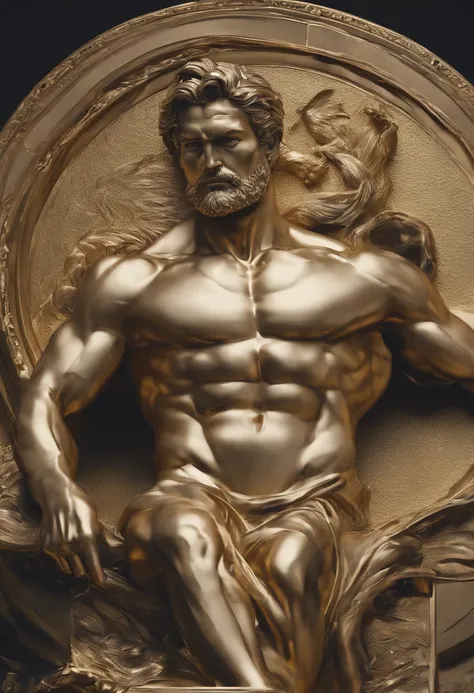 Stock stoic man，This is the historical position of Greece，Muscular 8K movie profile with Hercules style and dark background，Gold texture，Twinkle with gold，Movie light source