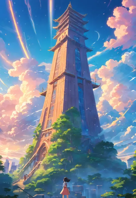 Tower of fantasy in land, built soaring high into the sky, magic world, cloud, magic element surrounded tower, magical creature, magical beast, cinematic, intricate and highly detailed, (ultra-detailed CG unity 8K wallpaper), shot from bellow, low angle, o...