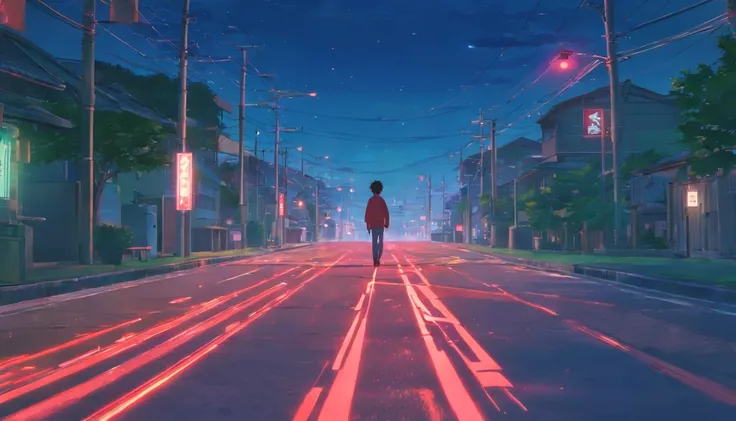 tmasterpiece, best qualityer, cinematic Film still from, A turning car, Neon red, a boy walking down a road