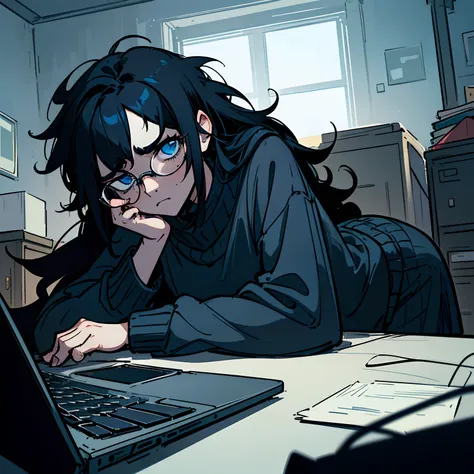 volumetric lighting, ambient lighting, highres, masterpiece, 8k, (dark blue eyes), tired, melancholy, depressed, detailed black hair, (messy hair), long hair, disheveled, unwashed, thick eyebrows, black sweater, (wearing glasses), messy bedroom, laptop com...