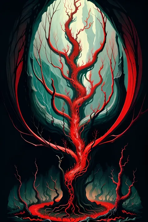 black and red painting on canvas of eldritch being with millions of eyes and tendrils taking root in cavern