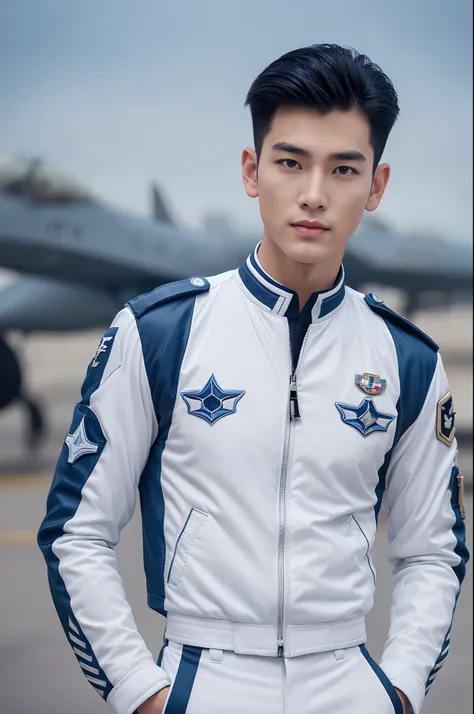 A young korean boy, (detailed air-force pilot uniform:1.5), (white pilot captain jacket:1.3), (white military pants ), full body shoot, detailed clothes, ( air force base runway view background:1.3), looking at viewer, facing the viewer, cinematic light, d...