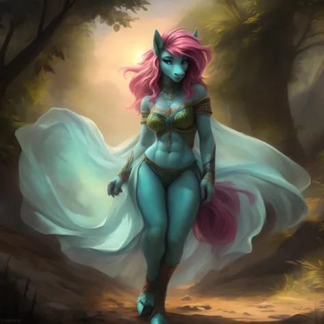 by Kenket, Ruan Jia, Chunie, Bonifasko, Extremely beautiful pony maiden, charismatic, magic (((green-pink mane))), green and pink mane, cyan evaporating fur, cyan body, wearing crystal brasserie, runic artifacts, epic shoulders, visible belly, super slim w...