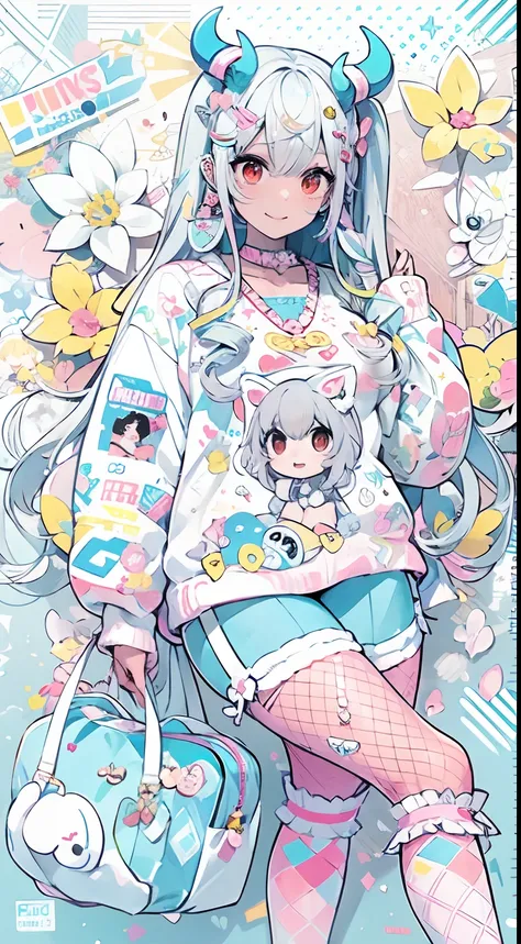 grayscales、grayscales、"kawaii, Cute, Adorable Lady in Pink, yellow, and baby blue color scheme. She wears sky-themed clothing with clouds and sky motifs. Her outfit is fluffy and soft, With decora accessories like hair clips. She embodies a vibrant and tre...