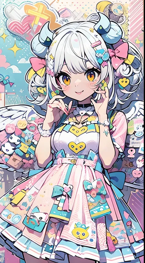 grayscales、grayscales、"kawaii, Cute, Adorable Lady in Pink, yellow, and baby blue color scheme. She wears sky-themed clothing with clouds and sky motifs. Her outfit is fluffy and soft, With decora accessories like hair clips. She embodies a vibrant and tre...