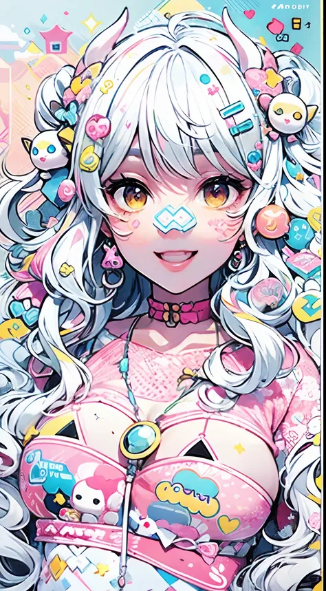 grayscales、grayscales、"kawaii, Cute, Adorable Lady in Pink, yellow, and baby blue color scheme. She wears sky-themed clothing with clouds and sky motifs. Her outfit is fluffy and soft, With decora accessories like hair clips. She embodies a vibrant and tre...