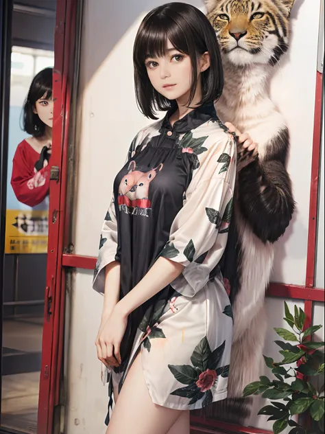 61
(a 20 yo woman,is standing), (A hyper-realistic), (masutepiece), ((A dark-haired、short-hair:1.3)), (Silky hair), (Breast), (Gentle expression), (Clothing printed with wild animal characters)